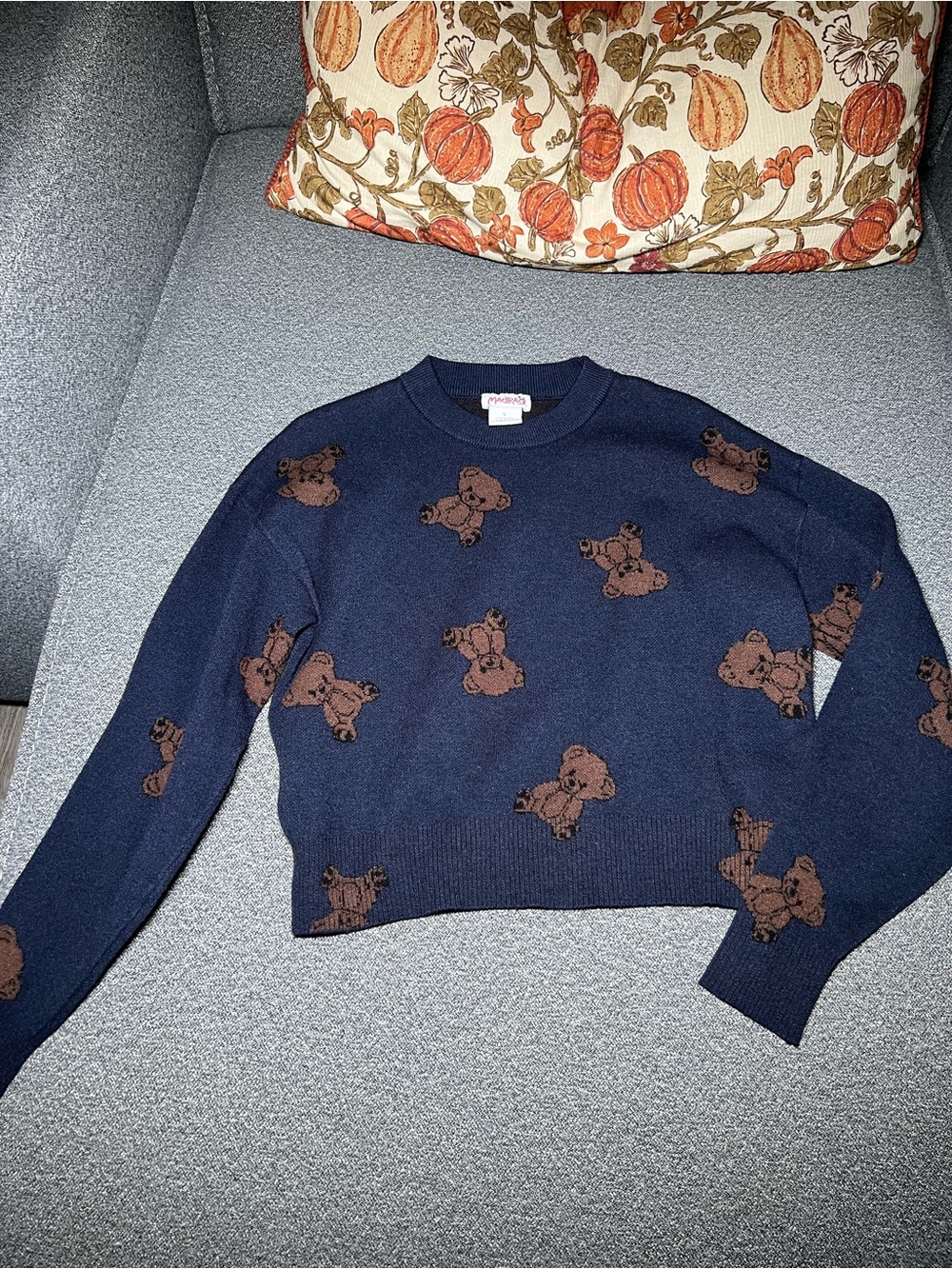 Navy Crewneck Sweater with Brown Teddy Motif